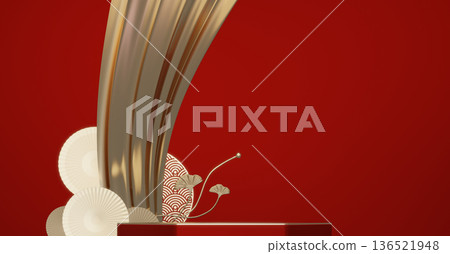 Happy Chinese new year 2026 with circle podium for show product and decoration China on red color style background.3D rendering Happy Chinese new year 2026 with circle podium for show product and decoration China on red color style background.3D rendering 136521948