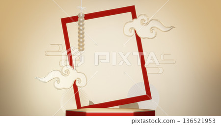Happy Chinese new year 2026 with circle podium for show product and decoration China on red color style background.3D rendering Happy Chinese new year 2026 with circle podium for show product and decoration China on red color style background.3D rendering 136521953