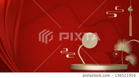 Happy Chinese new year 2026 with circle podium for show product and decoration China on red color style background.3D rendering Happy Chinese new year 2026 with circle podium for show product and decoration China on red color style background.3D rendering 136521958