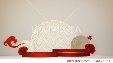 Happy Chinese new year 2026 with circle podium for show product and decoration China on red color style background.3D rendering Happy Chinese new year 2026 with circle podium for show product and decoration China on red color style background.3D rendering 136521961