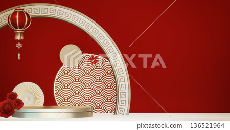 Happy Chinese new year 2026 with circle podium for show product and decoration China on red color style background.3D rendering Happy Chinese new year 2026 with circle podium for show product and decoration China on red color style background.3D rendering 136521964