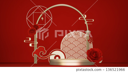 Happy Chinese new year 2026 with circle podium for show product and decoration China on red color style background.3D rendering Happy Chinese new year 2026 with circle podium for show product and decoration China on red color style background.3D rendering 136521966
