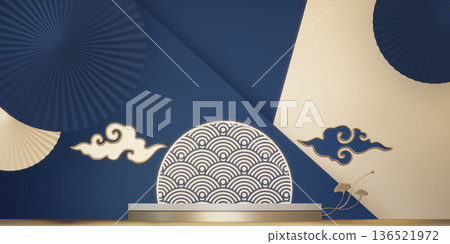 Blue and red concept Year of the Horse ,China Podium, minimal color two tone geometric design.3D rendering Blue and red concept Year of the Horse ,China Podium, minimal color two tone geometric design.3D rendering 136521972