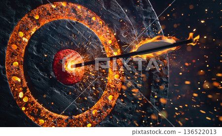 An arrow hitting the center of a target with flames and sparks flying in a dramatic scene 136522013