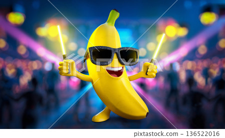 Dancing banana in sunglasses holds glow sticks at a lively party in a colorful venue at night Dancing banana in sunglasses holds glow sticks at a lively party in a colorful venue at night 136522016