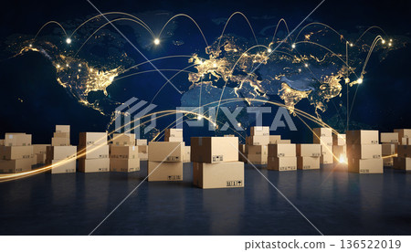 Global shipping network connects boxes across continents at night showing lights on a world map Global shipping network connects boxes across continents at night showing lights on a world map 136522019