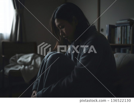 Sad woman in a dark room 136522130