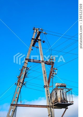 pole in electric wires and transformer 136522569