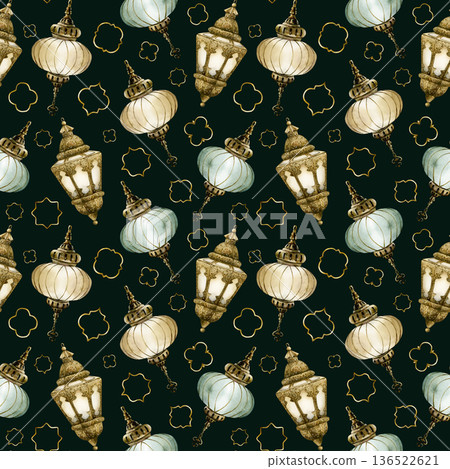 Islamic Hanging Lantern with golden ornament motif Seamless Pattern. Watercolor hand painted isolated illustration on dark background for Ramadan Arabic design Muslim holiday Eid Mubarak Al Fitr Adha 136522621