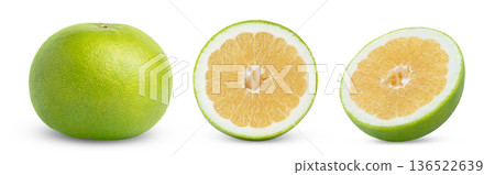 Collection of oroblanco, pomelo, pomelit or sweetie grapefruit fruit isolated. Whole sweetie grapefruit and cut in a half of oroblanco, pomelo, pomelit isolated. Collection of oroblanco, pomelo, pomelit or sweetie grapefruit fruit isolated. Whole sweetie grapefruit and cut in a half of oroblanco, pomelo, pomelit isolated. 136522639