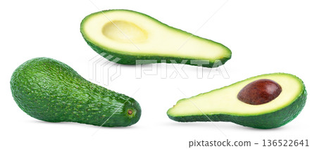Avocado fruit and avocado slices isolated on white background. Pinkerton green long avocado and half of avocado with seed and without seed set. 136522641