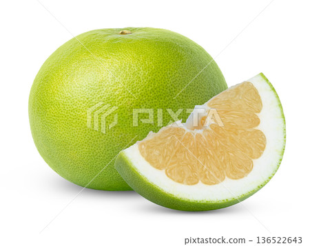 Citrus sweetie grapefruit or pomelo, oroblanco, pomelit fruit and cut in a slice of sweetie grapefruit isolated. 136522643