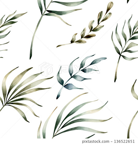 Tropical Leaves Seamless Pattern. Palm branch Watercolor floral hand painted isolated illustration on white background for Ramadan design Muslim holiday Eid Mubarak Al Fitr Adha wrapping paper baby 136522651