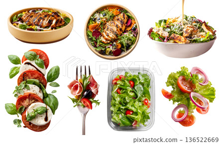 Set of different salad, fresh leafy vegetable greens protein, dressing drip, fork, bowl, takeout plastic box, many variety base topping ingredient, transparent cutout PNG. Mockup design Set of different salad, fresh leafy vegetable greens protein, dressing drip, fork, bowl, takeout plastic box, many variety base topping ingredient, transparent cutout PNG. Mockup design 136522669