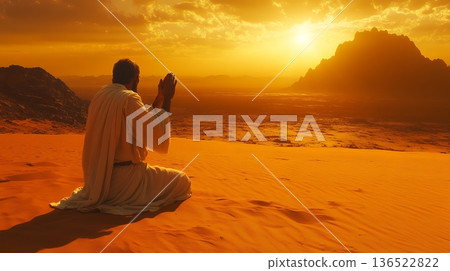 Silhouette of man in desert praying at sunset with orange sky and sand dunes Silhouette of man in desert praying at sunset with orange sky and sand dunes 136522822