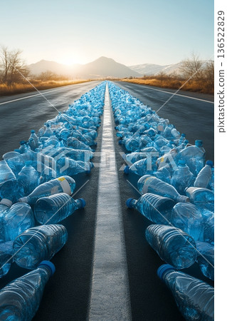 Endless road of discarded plastic bottles in a scenic mountain landscape at sunrise 136522829