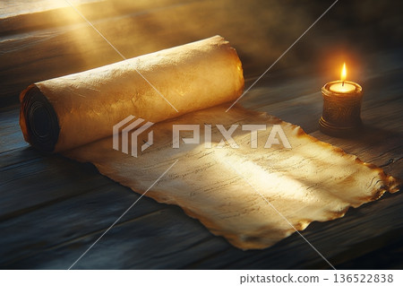 Ancient scroll and lit candle on wooden table under warm sunlight Ancient scroll and lit candle on wooden table under warm sunlight 136522838