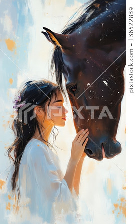 Young asian female bonding with horse in peaceful artistic setting Young asian female bonding with horse in peaceful artistic setting 136522839
