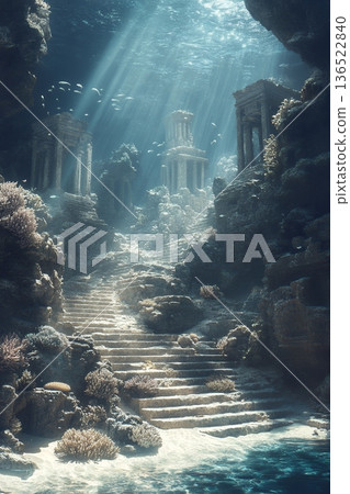 Ancient underwater ruins with stone columns and stairs in sunlit ocean depths 136522840