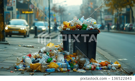 Overflowing trash bin on urban street with littered plastic bottles and bags Overflowing trash bin on urban street with littered plastic bottles and bags 136522843