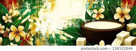 Tropical floral background with cream bowl and green leaves Tropical floral background with cream bowl and green leaves 136522844