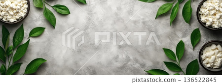 Rustic background with green leaves and bowls of cottage cheese on gray surface Rustic background with green leaves and bowls of cottage cheese on gray surface 136522845