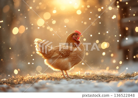 Hen strolling in winter sunset with snow flurries Hen strolling in winter sunset with snow flurries 136522848