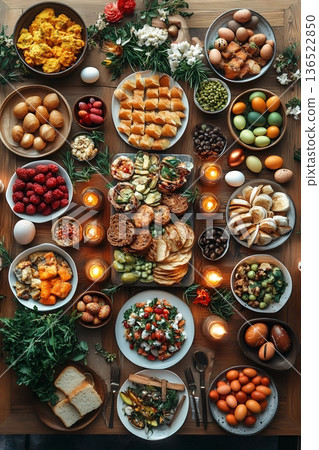 Festive easter brunch table with eggs, fruits, vegetables, and pastries 136522850