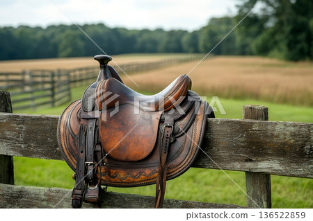 Leather saddle on wooden fence in rustic countryside setting Leather saddle on wooden fence in rustic countryside setting 136522859