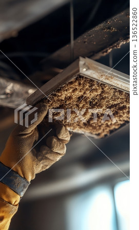 Gloved hand removing dusty air filter from hvac system in industrial setting Gloved hand removing dusty air filter from hvac system in industrial setting 136522860
