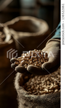 Close-up of gloved hands holding animal feed pellets in a sack Close-up of gloved hands holding animal feed pellets in a sack 136522861