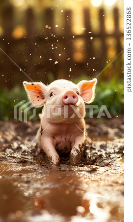 Adorable piglet enjoying a muddy splash in sunlit farmyard Adorable piglet enjoying a muddy splash in sunlit farmyard 136522868
