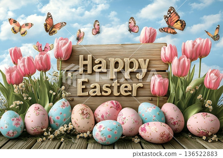 Colorful happy easter scene with tulips, butterflies, and decorated eggs Colorful happy easter scene with tulips, butterflies, and decorated eggs 136522883