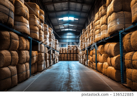 Warehouse stacked with hay bales under bright skylights Warehouse stacked with hay bales under bright skylights 136522885