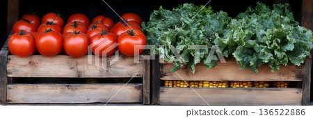 Fresh tomatoes, kale, and corn in rustic wooden crates at market display 136522886
