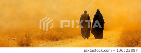 Two figures in traditional robes walking through desert landscape at dusk 136522887