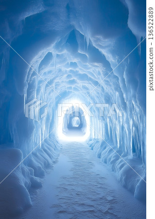 Spectacular ice cave with glowing blue icicles and snowy pathway 136522889