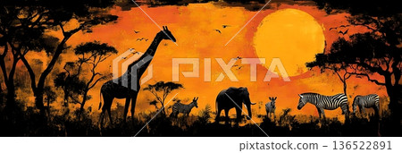 African wildlife silhouette: giraffes, elephants, and zebras at sunset 136522891