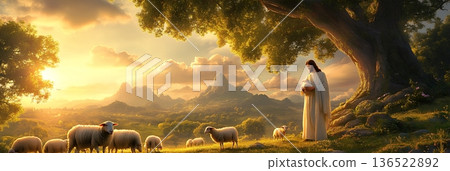Serene landscape with shepherd and sheep at sunset in pastoral setting Serene landscape with shepherd and sheep at sunset in pastoral setting 136522892