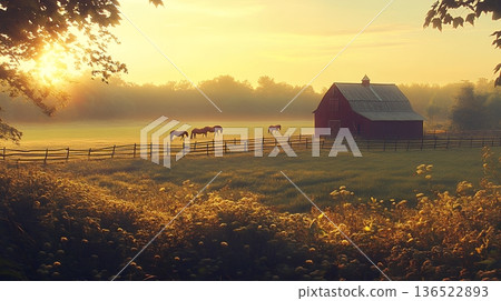 Peaceful rural sunrise with horses grazing near a red barn in a scenic field Peaceful rural sunrise with horses grazing near a red barn in a scenic field 136522893