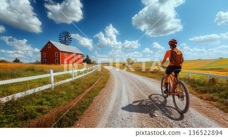 Cyclist on rural dirt road with red barn and windmill on sunny day Cyclist on rural dirt road with red barn and windmill on sunny day 136522894