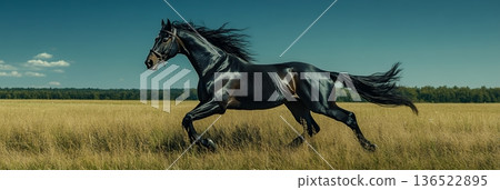 Majestic black horse galloping through open field on a sunny day 136522895
