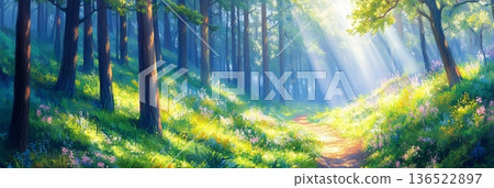 Sunlit forest path with wildflowers and lush greenery in vibrant morning light Sunlit forest path with wildflowers and lush greenery in vibrant morning light 136522897