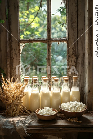 Rustic kitchen scene with bottled milk and cottage cheese by a sunlit window Rustic kitchen scene with bottled milk and cottage cheese by a sunlit window 136522898