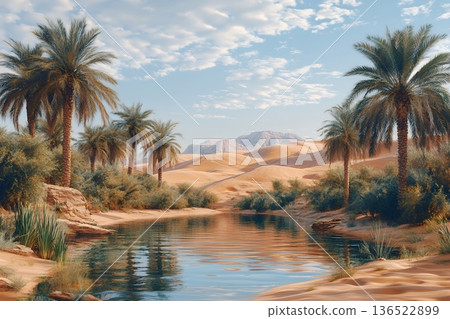 Serene desert oasis with lush palm trees and reflective water Serene desert oasis with lush palm trees and reflective water 136522899