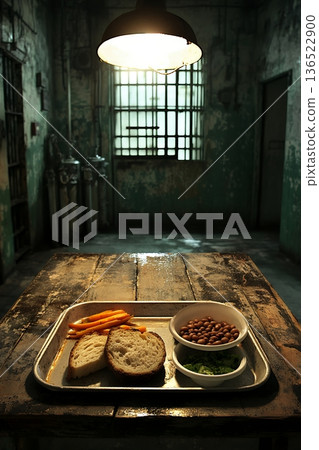 Prison meal on wooden table in dimly lit industrial setting with concrete walls 136522900