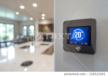 Modern smart thermostat in contemporary home interior Modern smart thermostat in contemporary home interior 136522901
