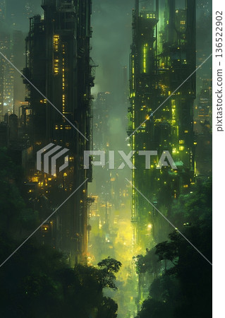 Futuristic urban cityscape with neon green lit skyscrapers in misty twilight Futuristic urban cityscape with neon green lit skyscrapers in misty twilight 136522902
