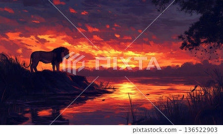 Majestic lion silhouette at sunset by a tranquil lake Majestic lion silhouette at sunset by a tranquil lake 136522903