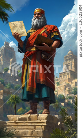 Ancient babylonian king statue in traditional robes holding tablet with babylonian architecture Ancient babylonian king statue in traditional robes holding tablet with babylonian architecture 136522904